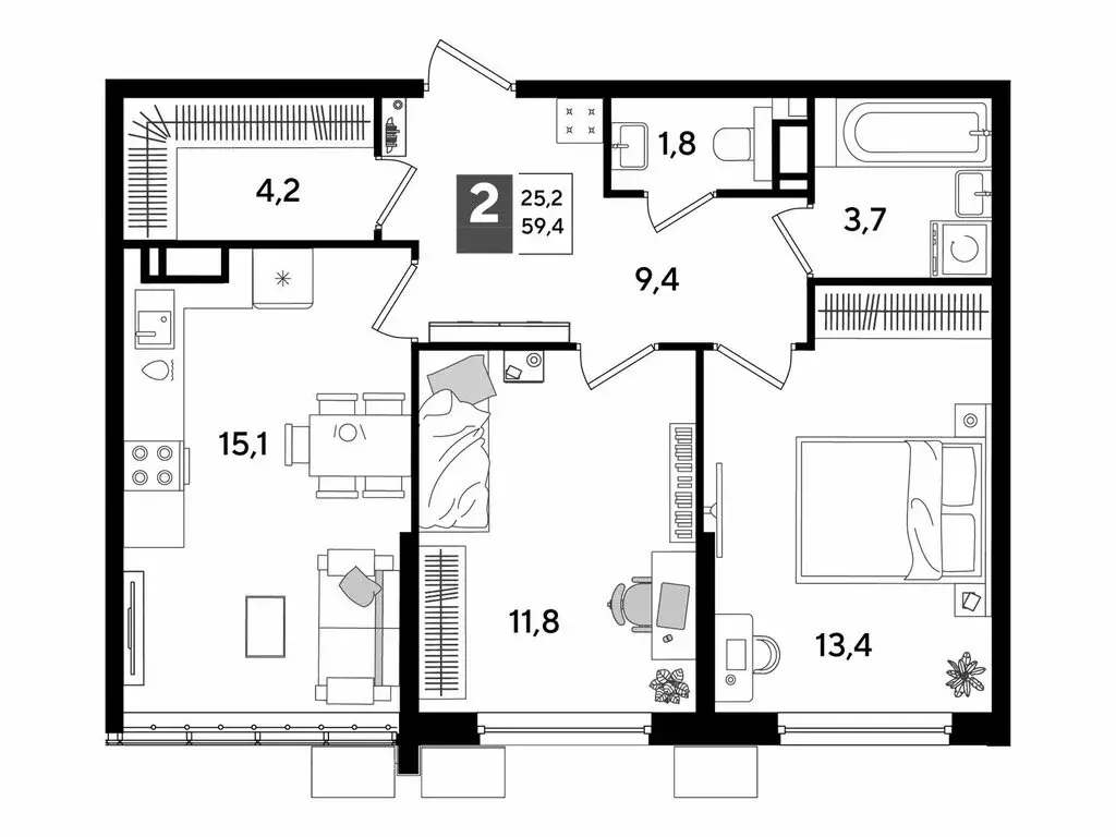 2-комнатная квартира: Краснодар, микрорайон Догма Парк (59.4 м) - Фото 1