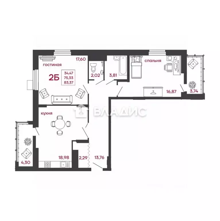 2-к кв. Пензенская область, Пенза ул. Богданова, 34 (83.3 м) - Фото 2