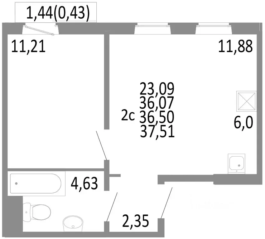 2-к кв. Челябинская область, Челябинск ул. Блюхера, 125Б (36.5 м) - Фото 0