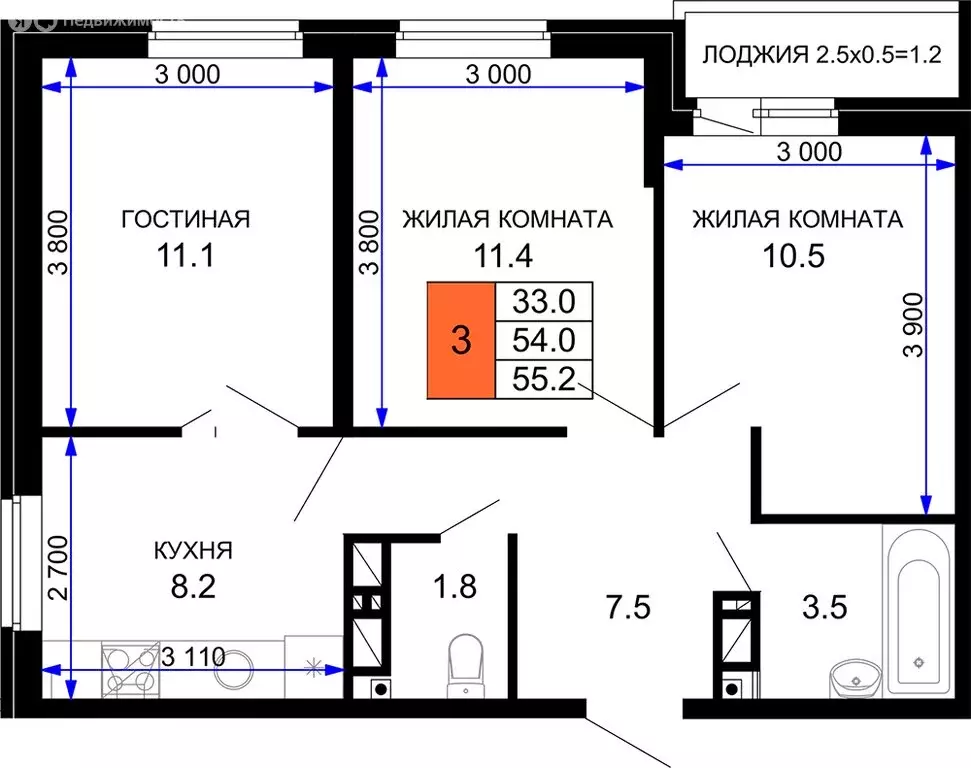 3-комнатная квартира: Краснодар, жилой комплекс Дыхание (55.2 м) - Фото 0