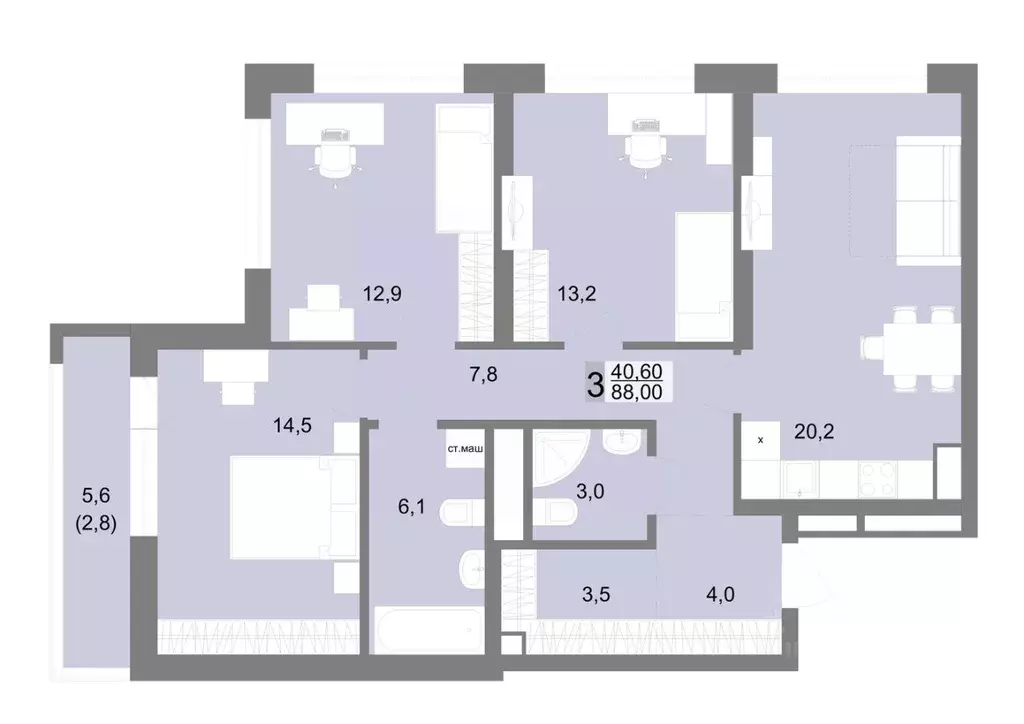 3-к кв. Свердловская область, Екатеринбург ул. Семена Лагоды, 80 (88.0 ... - Фото 1