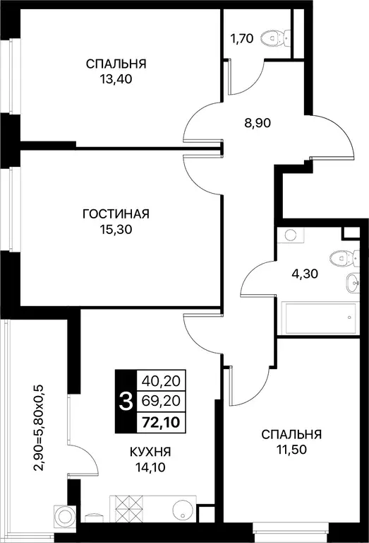 3-к квартира, 72.1 м - Фото 0