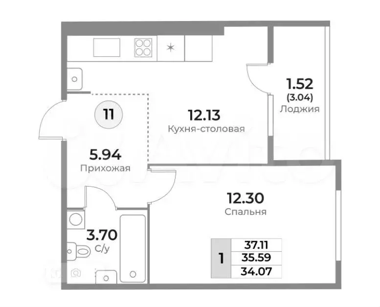 1-к. квартира, 35,6 м, 3/10 эт. - Фото 1