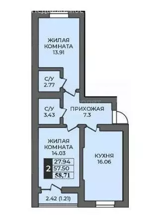 2-комнатная квартира: Оренбург, улица Ильи Глазунова, 8/2 (58.71 м) - Фото 1
