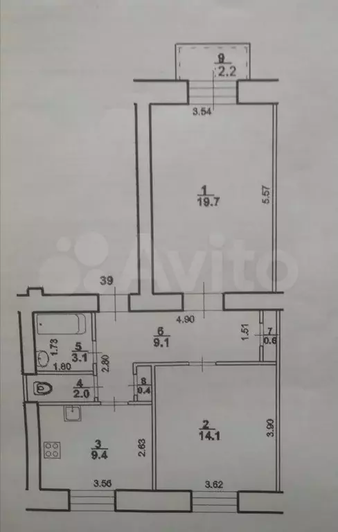 2-к. квартира, 58,4 м, 4/4 эт. - Фото 0