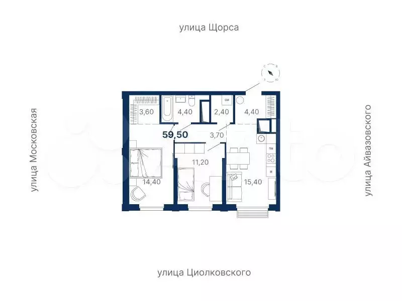 2-к. квартира, 59,5 м, 13/33 эт. - Фото 0