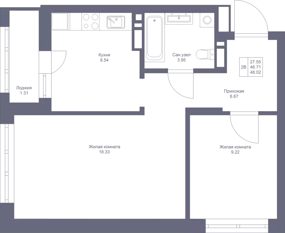 2-к квартира, 48.02 м - Фото 1