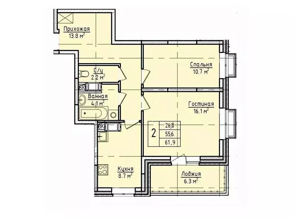 2-к кв. Московская область, Щелково пер. 1-й Советский, 20 (61.9 м) - Фото 1