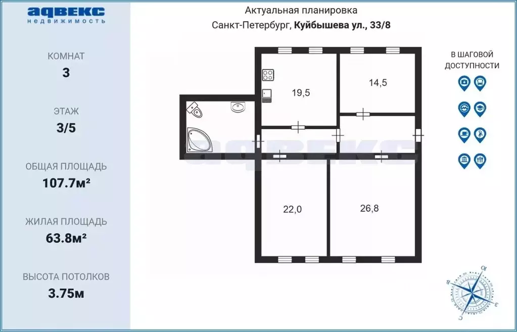 3-к кв. Санкт-Петербург ул. Куйбышева, 33/8 (107.7 м) - Фото 2