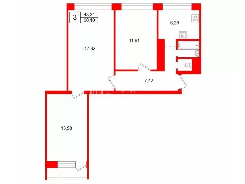 3-к кв. Санкт-Петербург ул. Партизана Германа, 21к1 (60.1 м) - Фото 1