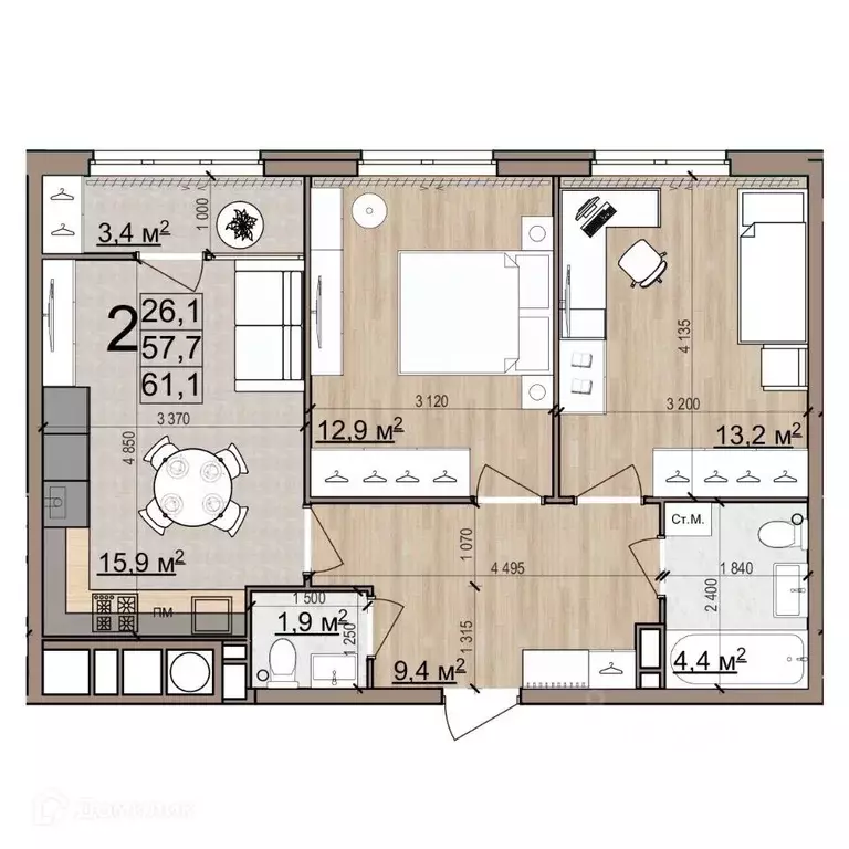 2-к кв. Рязанская область, Рязань Еврокласс жилой комплекс (61.1 м) - Фото 2