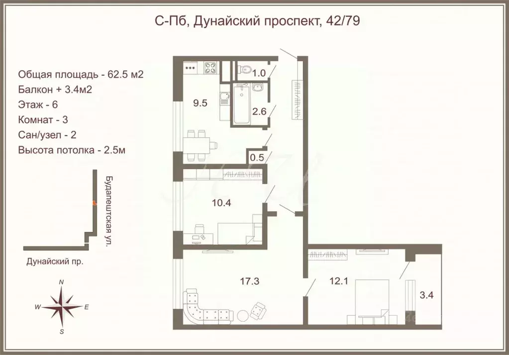 3-к кв. Санкт-Петербург Будапештская ул., 79/42 (62.49 м) - Фото 2
