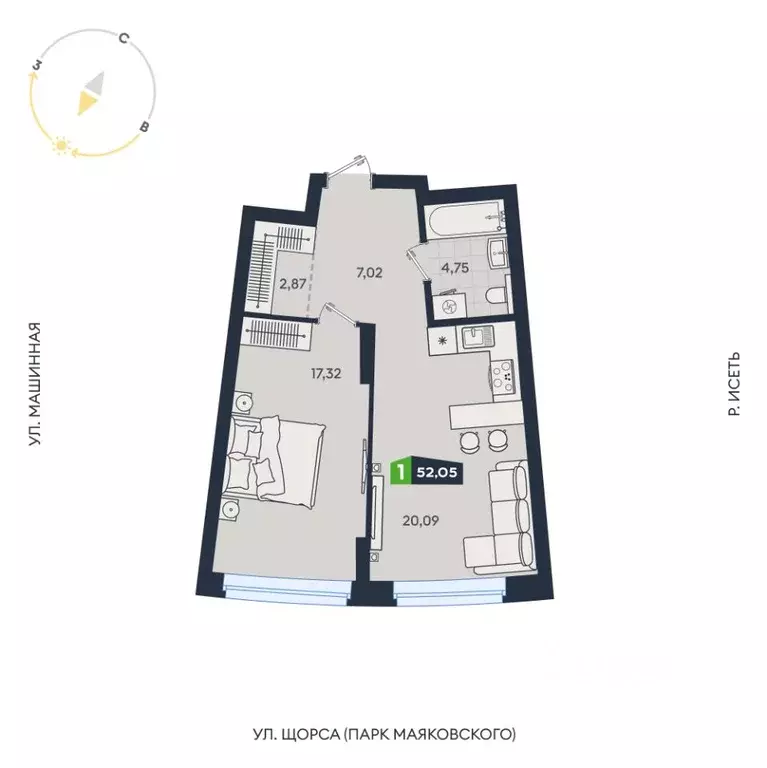 1-к кв. Свердловская область, Екатеринбург ул. Машинная, 1В/4 (52.05 ... - Фото 1
