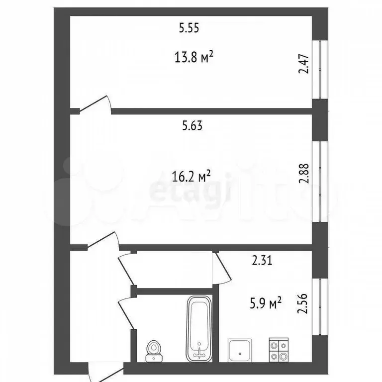2-к. квартира, 43,8 м, 1/5 эт. - Фото 0