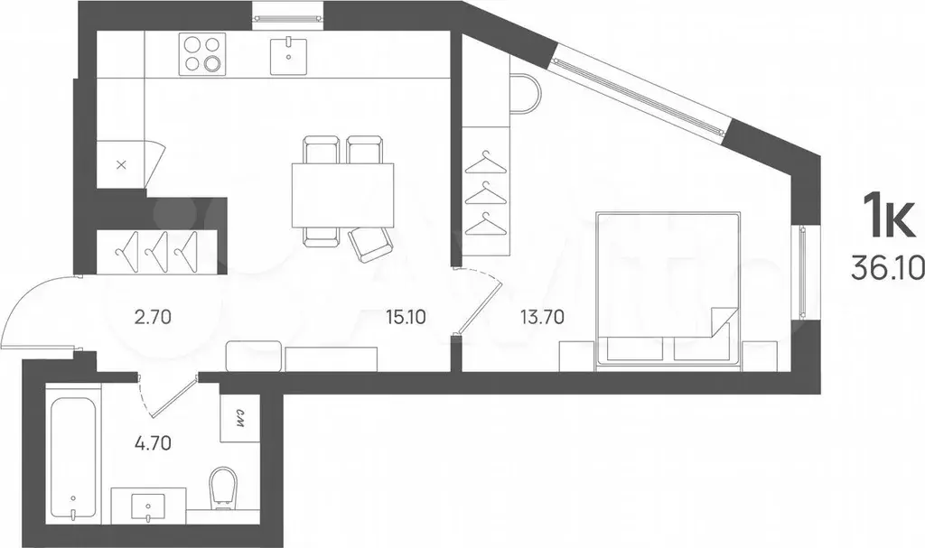 1-к. квартира, 36,1 м, 2/4 эт. - Фото 1