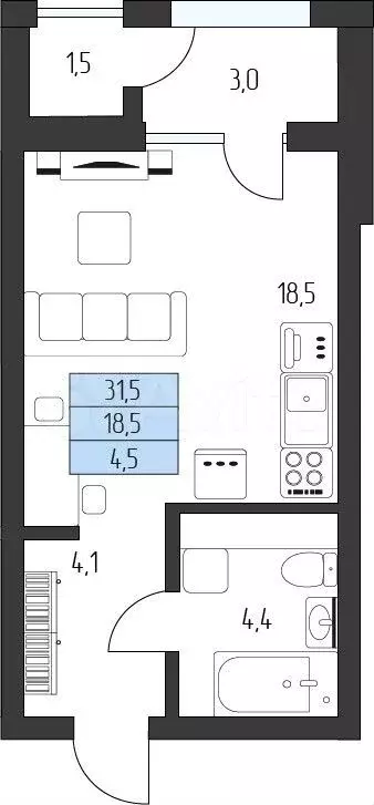 Квартира-студия, 30 м, 4/7 эт. - Фото 1