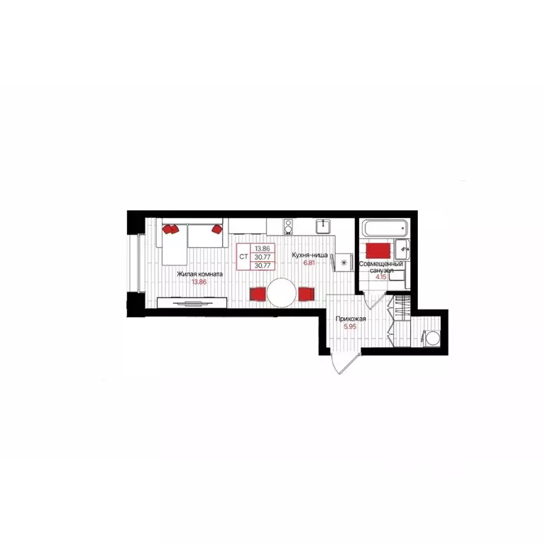 Студия Татарстан, Казань Лето жилой комплекс (30.77 м) - Фото 1