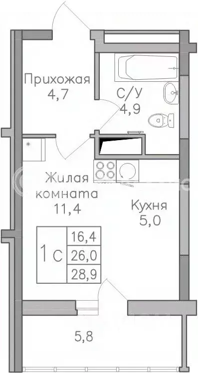 Студия Воронежская область, Воронеж Поколение жилой комплекс (28.8 м) - Фото 1