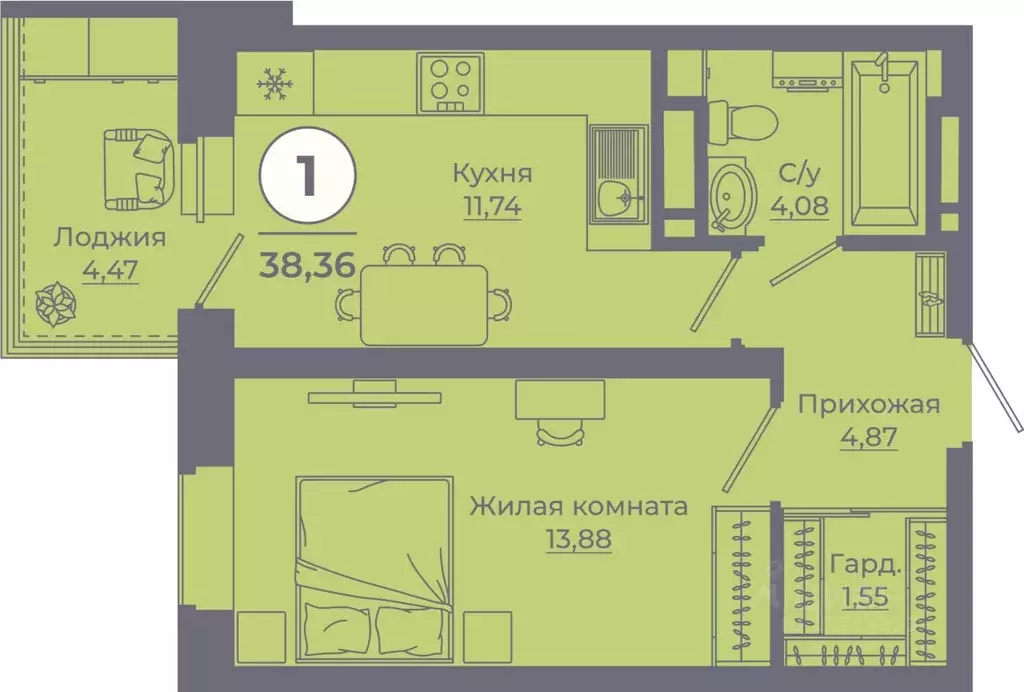 1-к кв. Ростовская область, Ростов-на-Дону ул. Еременко, 113 (38.19 м) - Фото 0