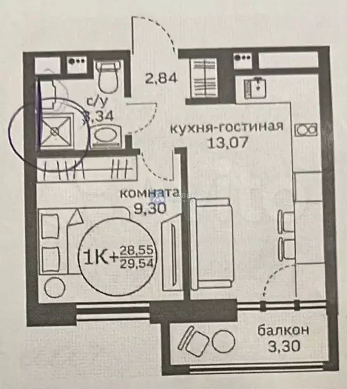 Студия Тюменская область, Тюмень ул. Краснооктябрьская, 16 (30.0 м) - Фото 2