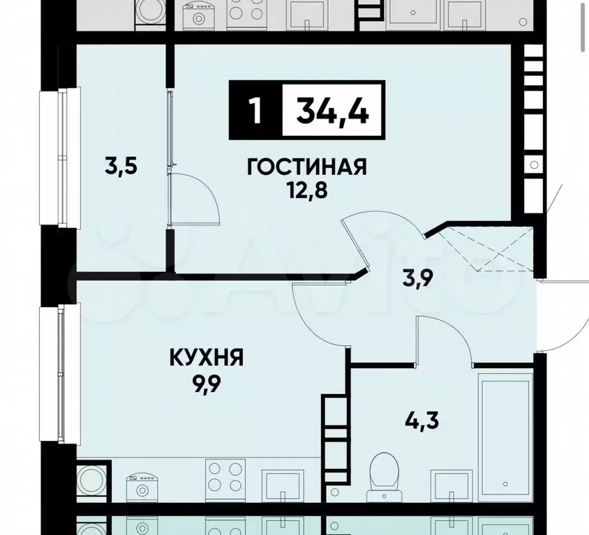 1-к. квартира, 34,4 м, 5/8 эт. - Фото 1