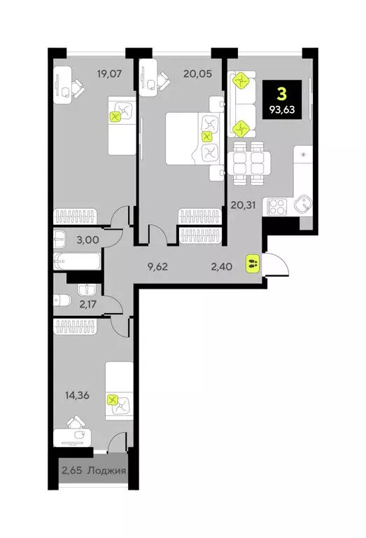 3-комнатная квартира: Тюмень, улица Ивана Чистякова, 3 (89.6 м) - Фото 1