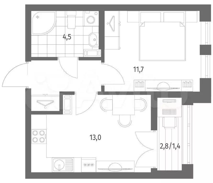 1-к. квартира, 34,6 м, 6/8 эт. - Фото 1