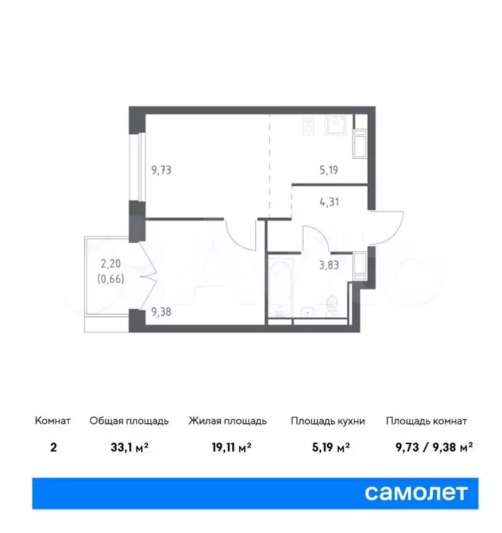 1-к. квартира, 33,1м, 10/17эт. - Фото 0