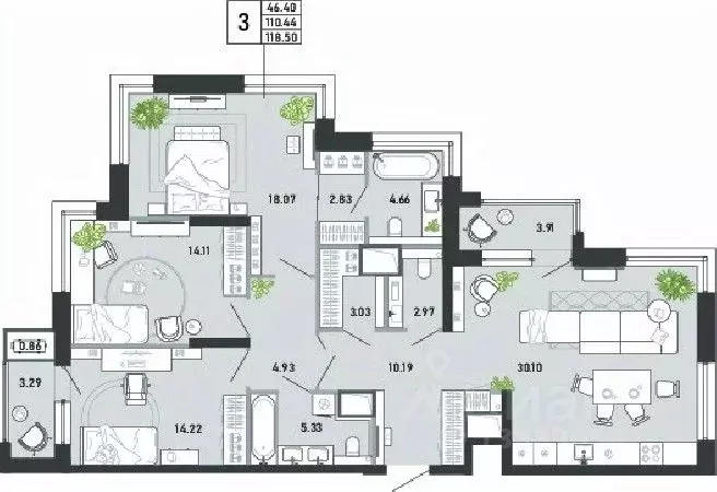 3-к кв. Тульская область, Тула ул. Фридриха Энгельса, 74 (118.5 м) - Фото 1