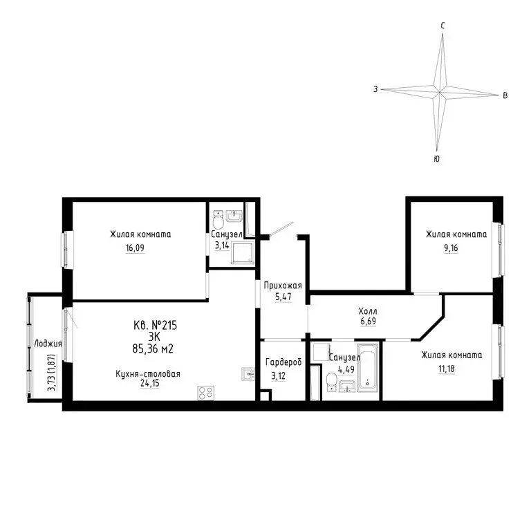 3-комнатная квартира: Новый, ЖК ДНС Сити (85.36 м) - Фото 0