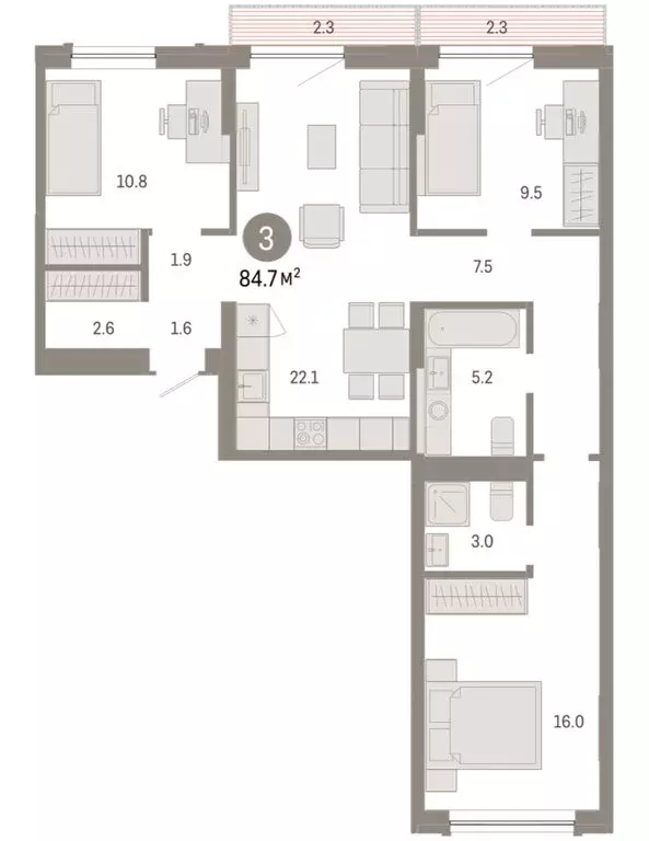 3-комнатная квартира: Тюмень, микрорайон ДОК, ЖК Октябрьский на Туре ... - Фото 2