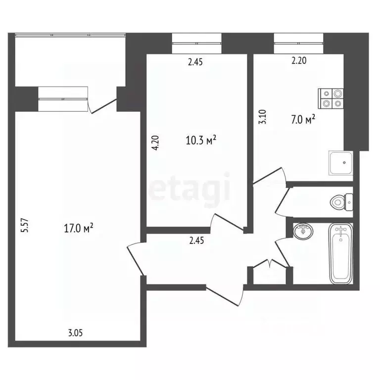 2-к кв. Московская область, Коломна ул. Ленина, 80 (43.1 м) - Фото 2