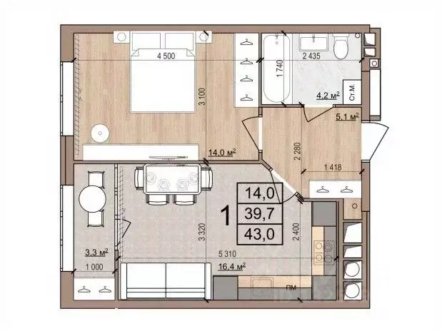 1-к кв. Рязанская область, Рязань Медицинская ул., 3 (43.0 м) - Фото 1