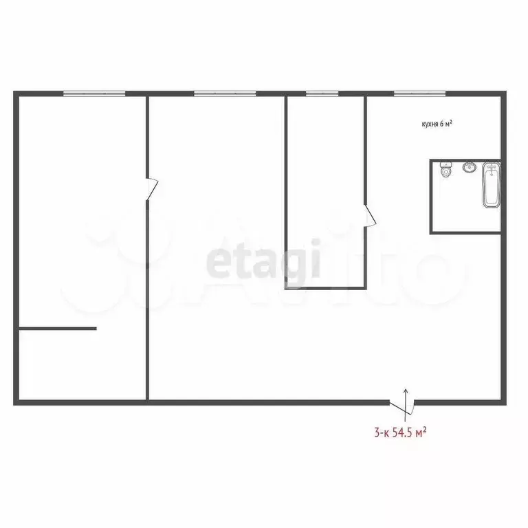 3-к. квартира, 54,5 м, 1/5 эт. - Фото 0