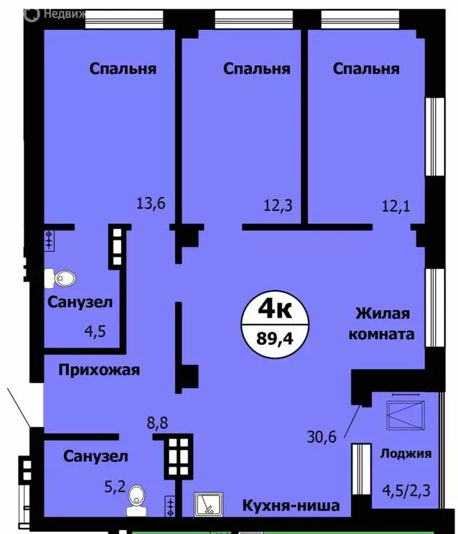 4-комнатная квартира: Красноярск, жилой комплекс Серебряный (90 м) - Фото 0