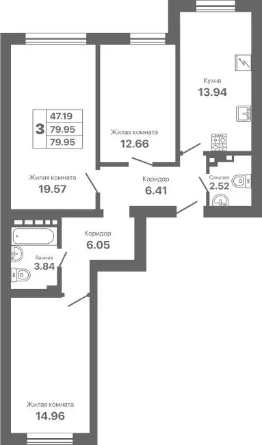 3-комнатная квартира: Евпатория, проспект Ленина, 25Вк1 (79.95 м) - Фото 1