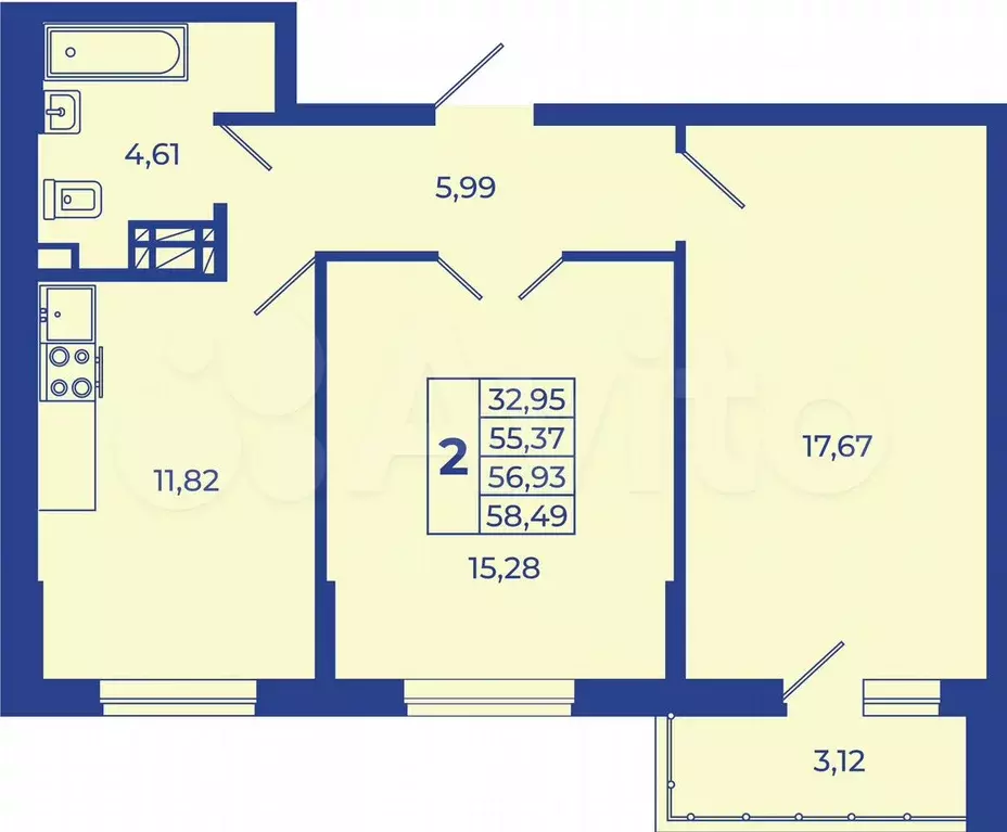 2-к. квартира, 58,5 м, 2/10 эт. - Фото 0