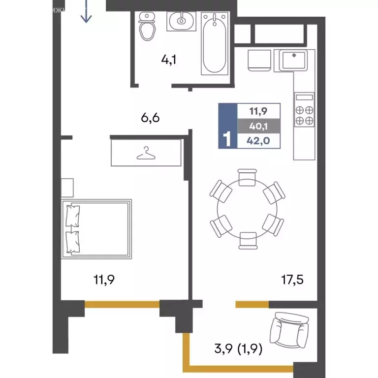 1-комнатная квартира: Перевальное, ЖК Предгорье (42 м) - Фото 1