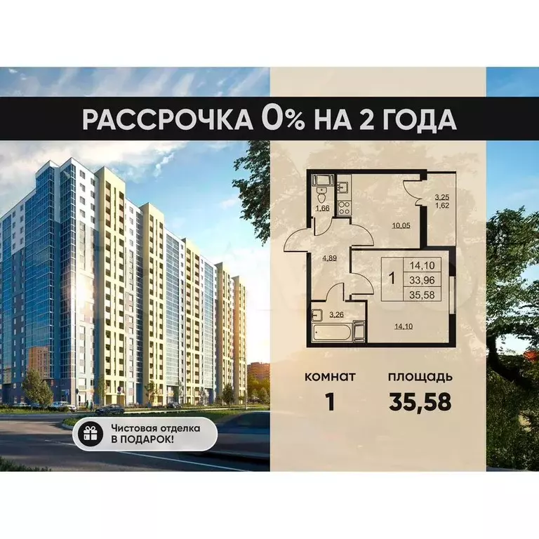 1-к. квартира, 35,6 м, 3/19 эт. - Фото 0