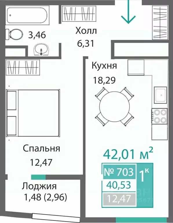 1-к кв. Крым, Симферополь Барбарис жилой комплекс (42.01 м) - Фото 0