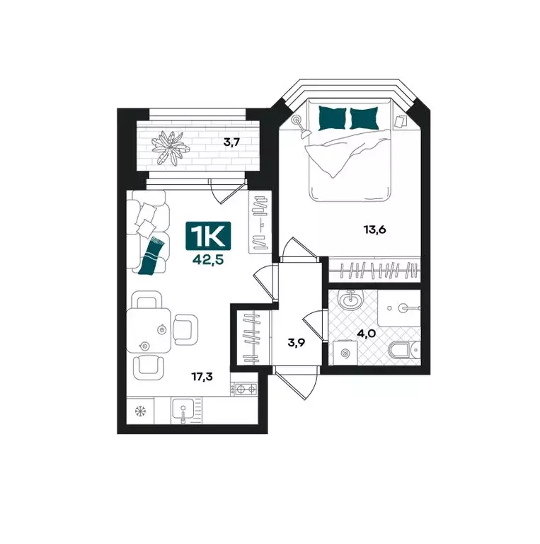 1-комнатная квартира: Тюмень, улица Евгения Войнова, 8 (42.5 м) - Фото 1