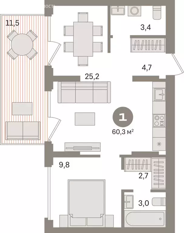 1-комнатная квартира: Екатеринбург, улица Академика Ландау, 7 (60.3 м) - Фото 1