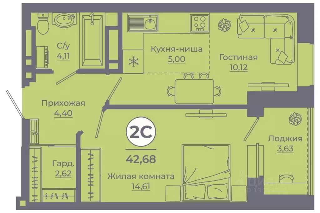 2-к кв. Ростовская область, Ростов-на-Дону ул. Еременко, 113 (42.43 м) - Фото 0