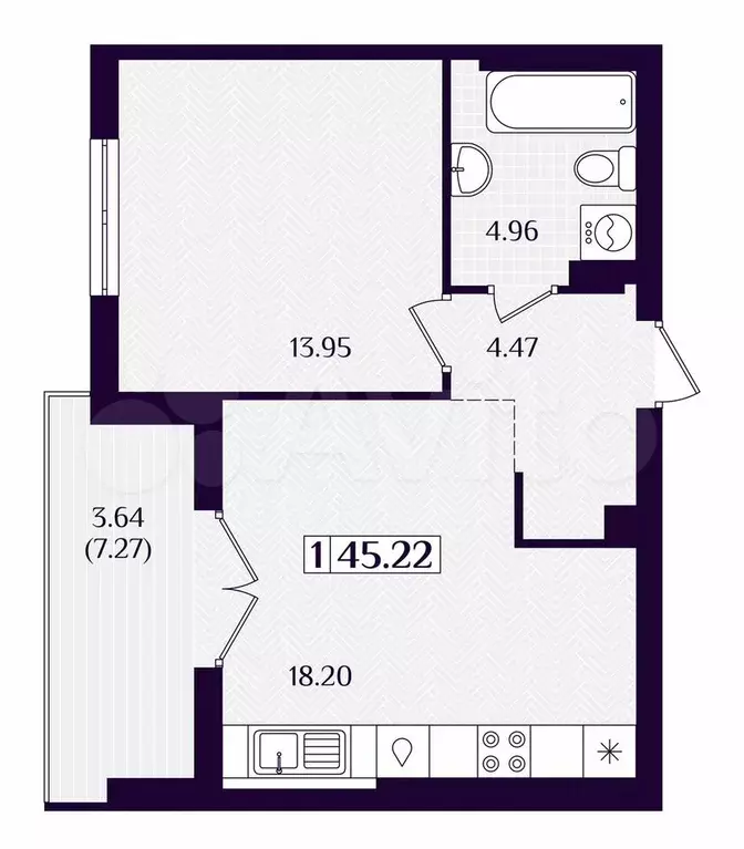 1-к. квартира, 45,2 м, 5/7 эт. - Фото 1