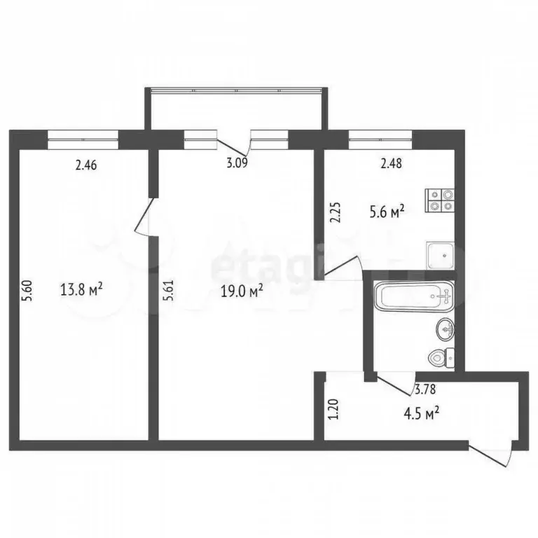 2-к. квартира, 45,8 м, 2/5 эт. - Фото 0