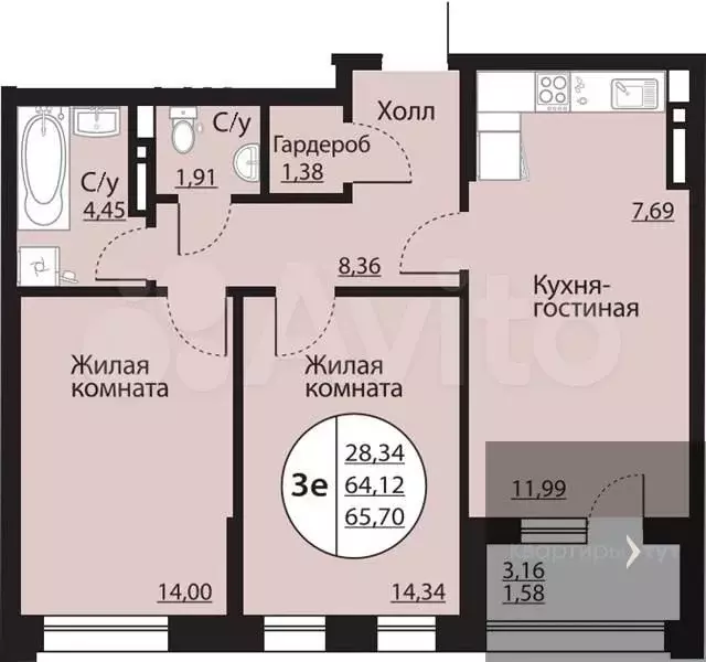 2-к. квартира, 65,7 м, 17/24 эт. - Фото 0