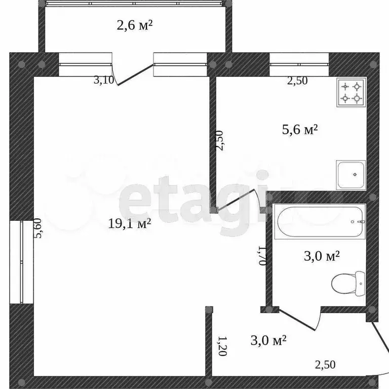 1-к. квартира, 30,6 м, 3/5 эт. - Фото 0