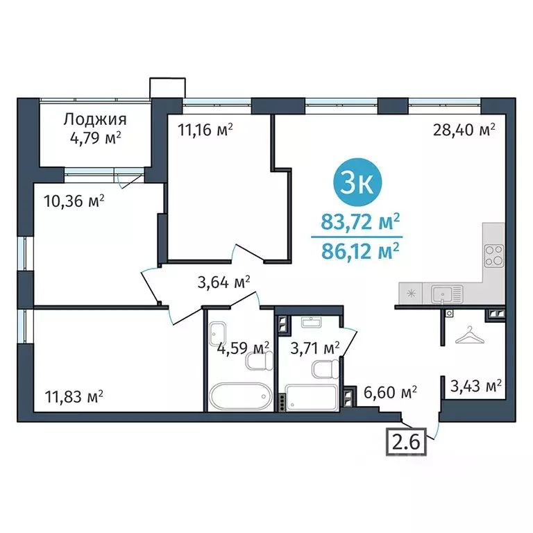 3-к кв. Тюменская область, Тюмень ул. Краснооктябрьская, 12 (83.72 м) - Фото 1