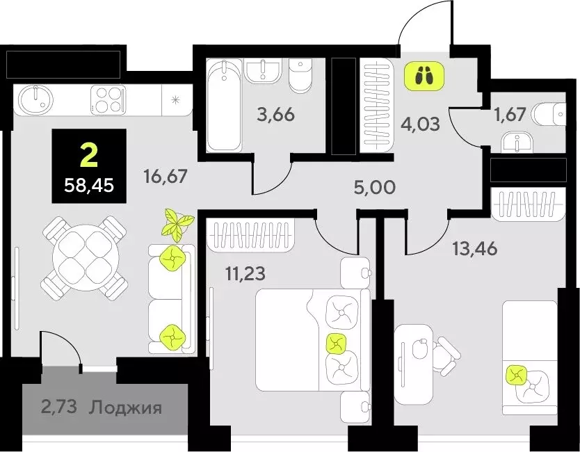 2-комнатная квартира: Тюмень, жилой комплекс Окинава (58.45 м) - Фото 0