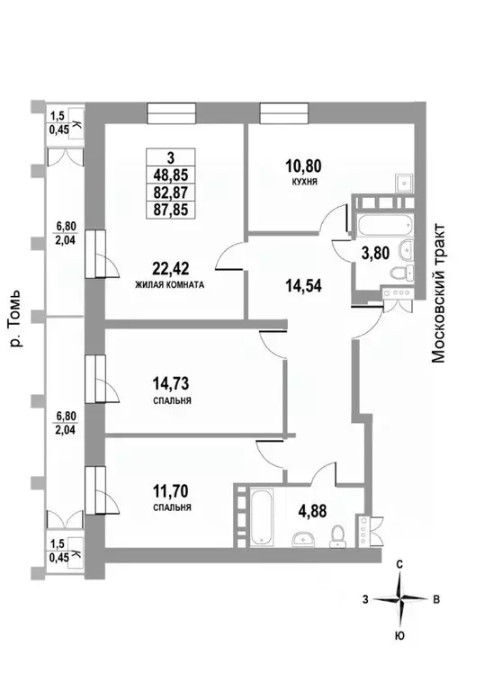 3-к кв. Томская область, Томск тракт Московский, 109Б/2 (87.85 м) - Фото 0